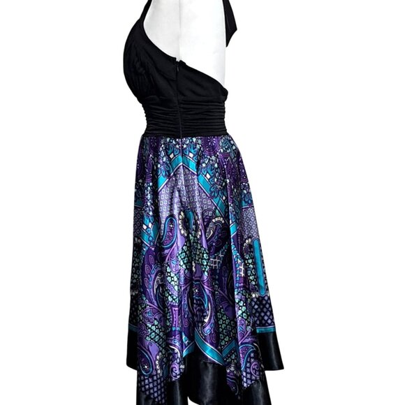Signature By Sangria Halter Black & Purple Paisley Handkerchief Hem Dress Size 1 - Picture 5 of 10